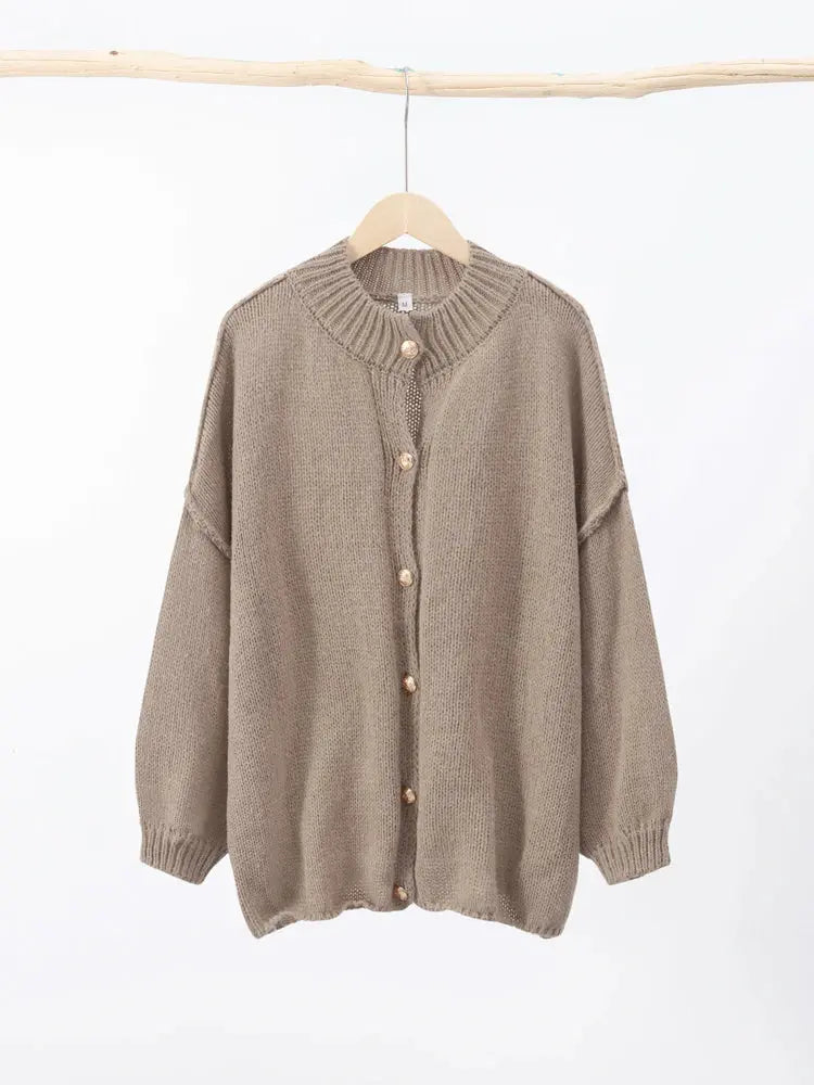 Women's Knit Button Cardigan with Ribbed Neckline and Cuffs