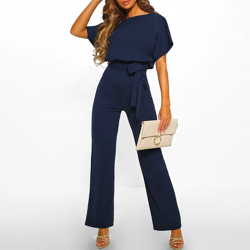 Women’s Short-Sleeve Jumpsuit With Wide-Leg Pants And Waist Tie