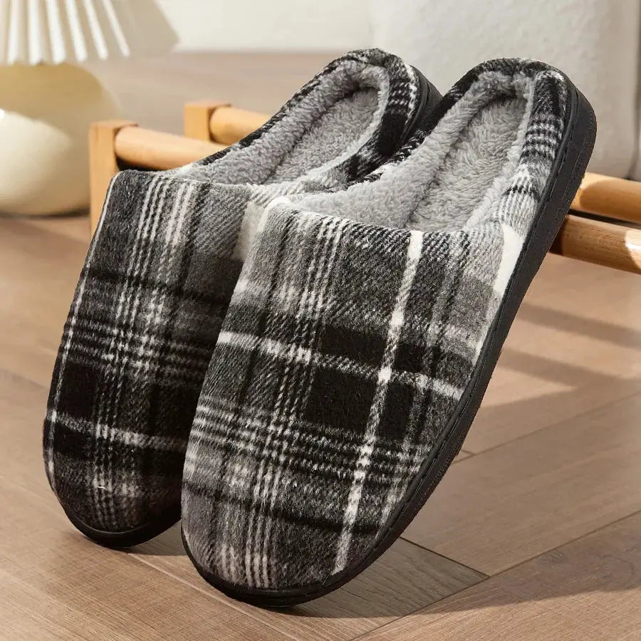 Men's Plaid Indoor Slippers with Plush Lining and Non-Slip Sole