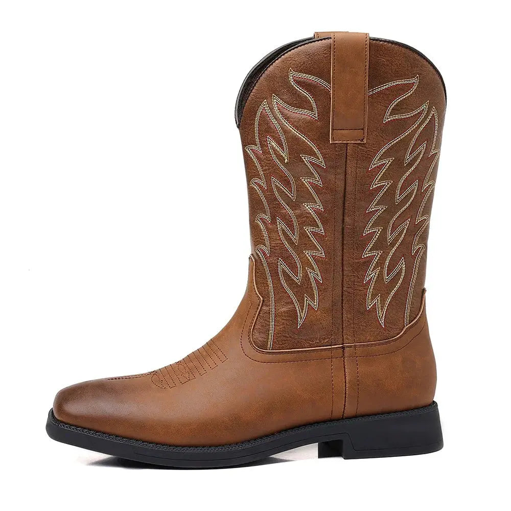 Men’s Western Cowboy Boots Embroidered Mid-Calf Classic Square Toe