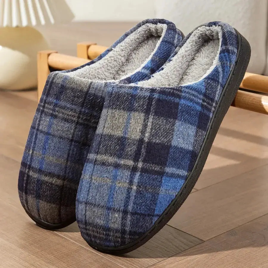 Men's Plaid Indoor Slippers with Plush Lining and Non-Slip Sole