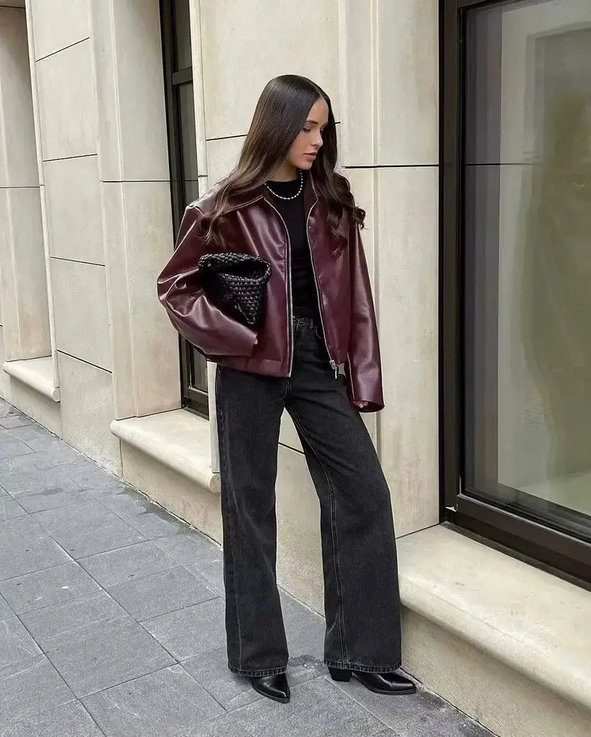 Women's Leather Jacket with Zipper Front and Classic Lapel Collar