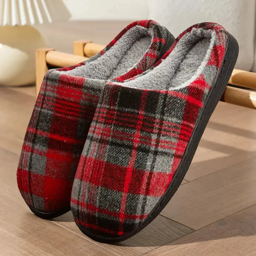 Men's Plaid Indoor Slippers with Plush Lining and Non-Slip Sole