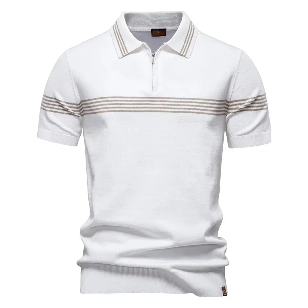 Men's Short-Sleeve Zip Polo Shirt with Chest Stripe and Slim Fit