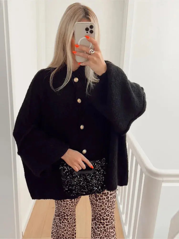 Women's Knit Button Cardigan with Ribbed Neckline and Cuffs