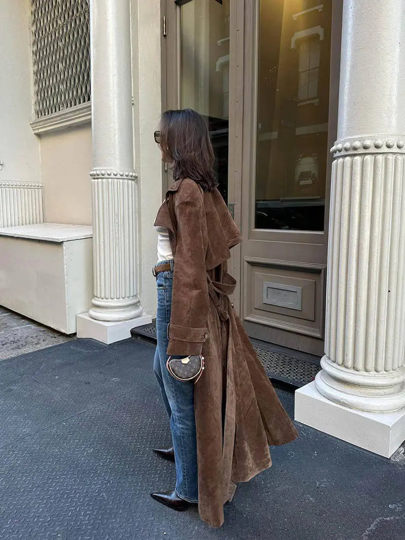 Women's Long Trench Coat with Belted Waist and Lapel Collar