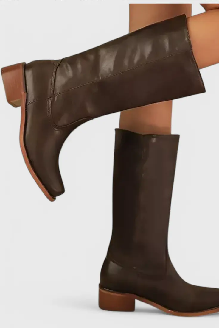 Women's Knee High Boots with Stacked Heel and Classic Round Toe