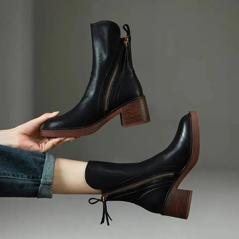 Women’s Zip-Up Ankle Boots with Block Heel and Side Zipper Detail