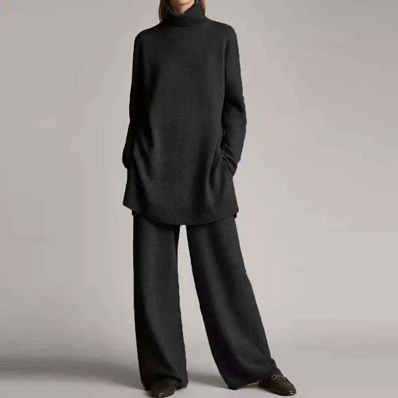 Women's 2-Piece Turtleneck Loungewear Set with Wide-Leg Pants