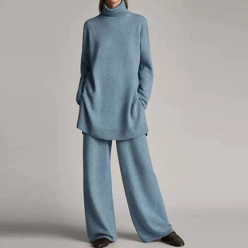 Women's 2-Piece Turtleneck Loungewear Set with Wide-Leg Pants
