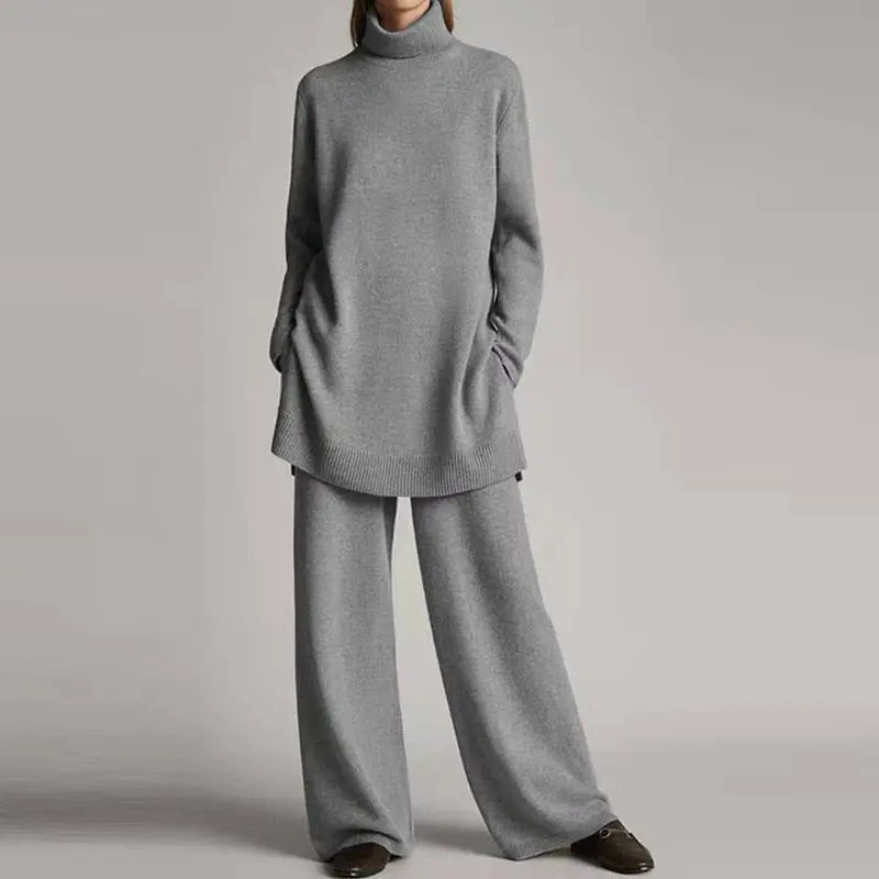 Women's 2-Piece Turtleneck Loungewear Set with Wide-Leg Pants