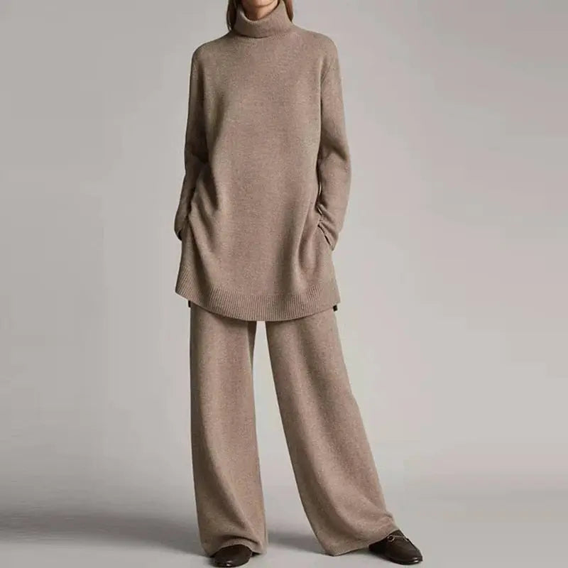 Women's 2-Piece Turtleneck Loungewear Set with Wide-Leg Pants