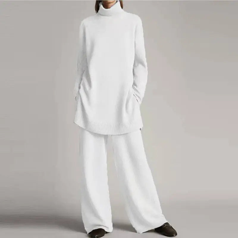 Women's 2-Piece Turtleneck Loungewear Set with Wide-Leg Pants