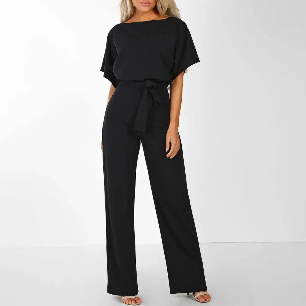 Women’s Short-Sleeve Jumpsuit With Wide-Leg Pants And Waist Tie