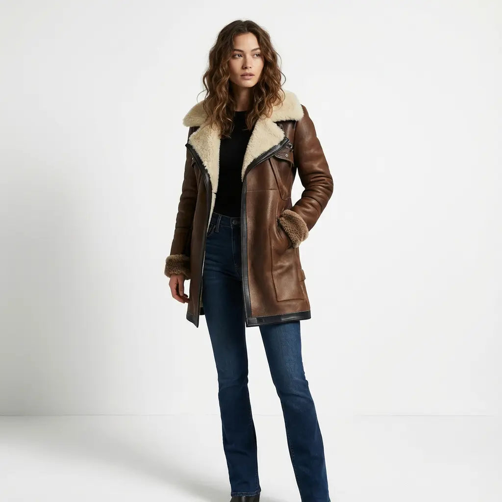 Women's Leather Shearling Coat for Winter