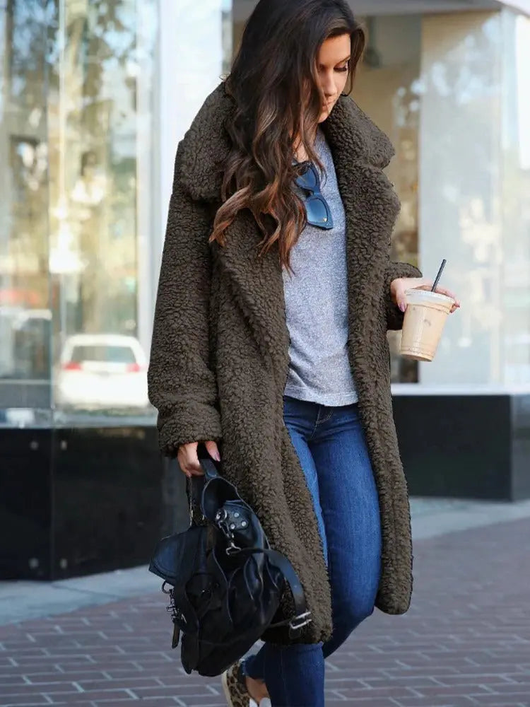 Women's Long Oversized Winter Teddy Coat with Lapel Collar