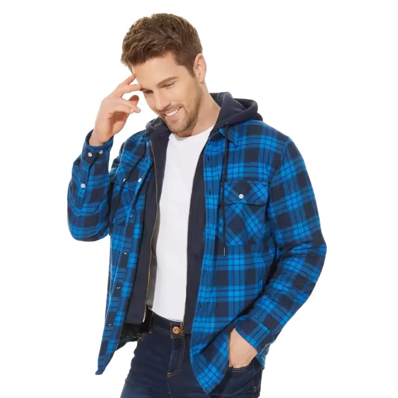 Men's Plaid Hooded Bomber Jacket with Quilted Lining