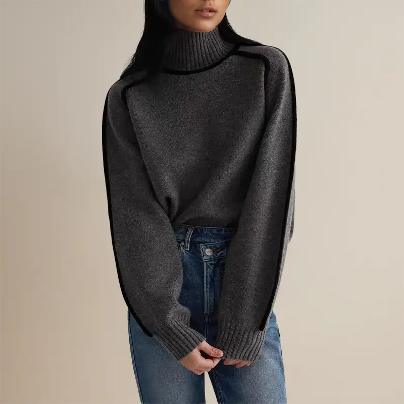 Women’s Oversized Turtleneck Sweater with Contrast Sleeve Trim
