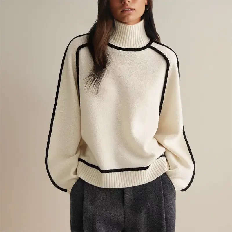 Women’s Oversized Turtleneck Sweater with Contrast Sleeve Trim