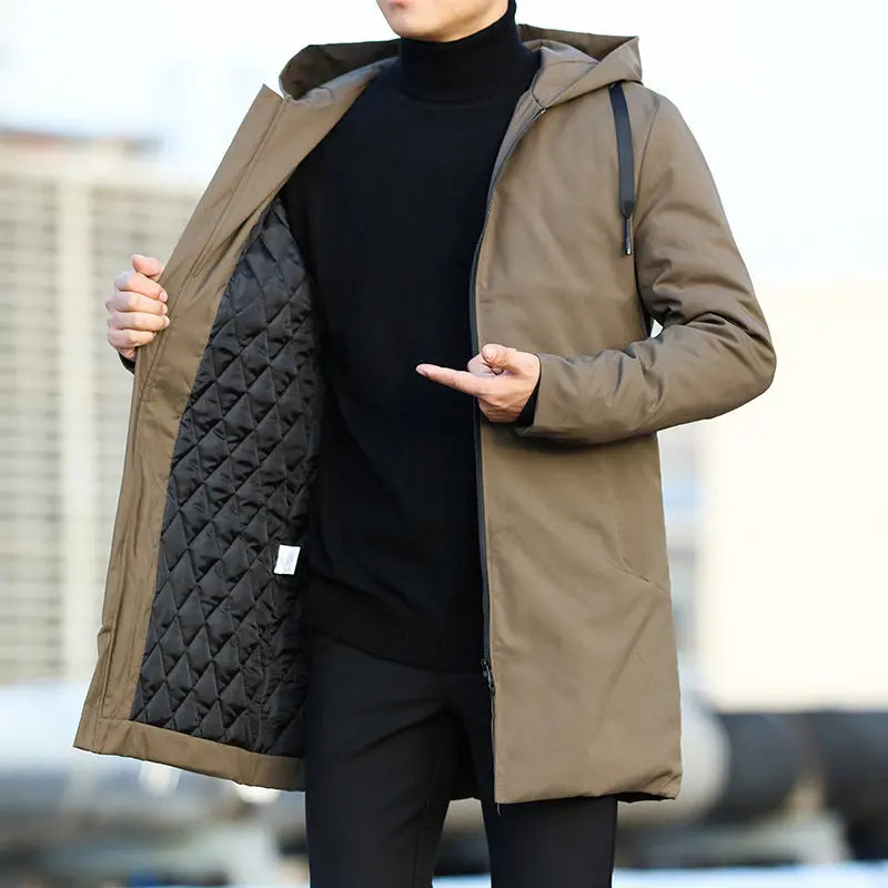 Men's Mid-Length Quilted Hooded Coat with Modern Zip Design