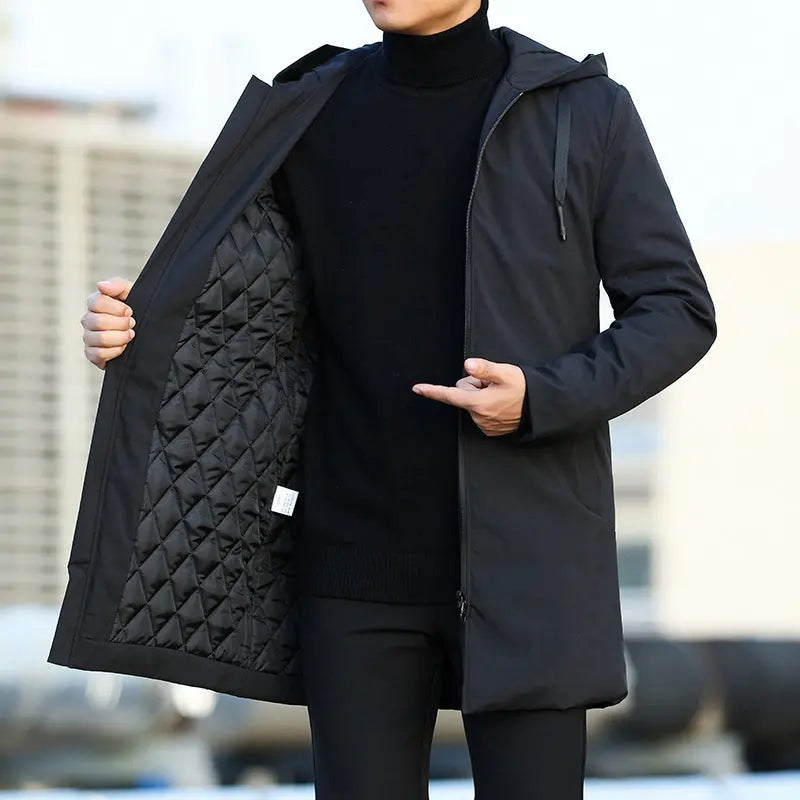 Men's Mid-Length Quilted Hooded Coat with Modern Zip Design