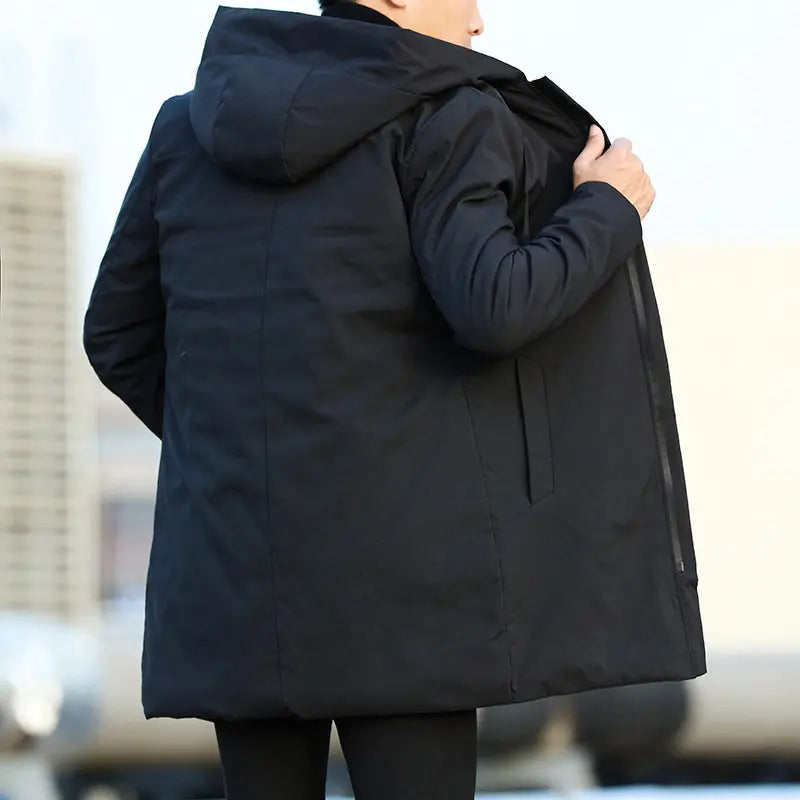 Men's Mid-Length Quilted Hooded Coat with Modern Zip Design