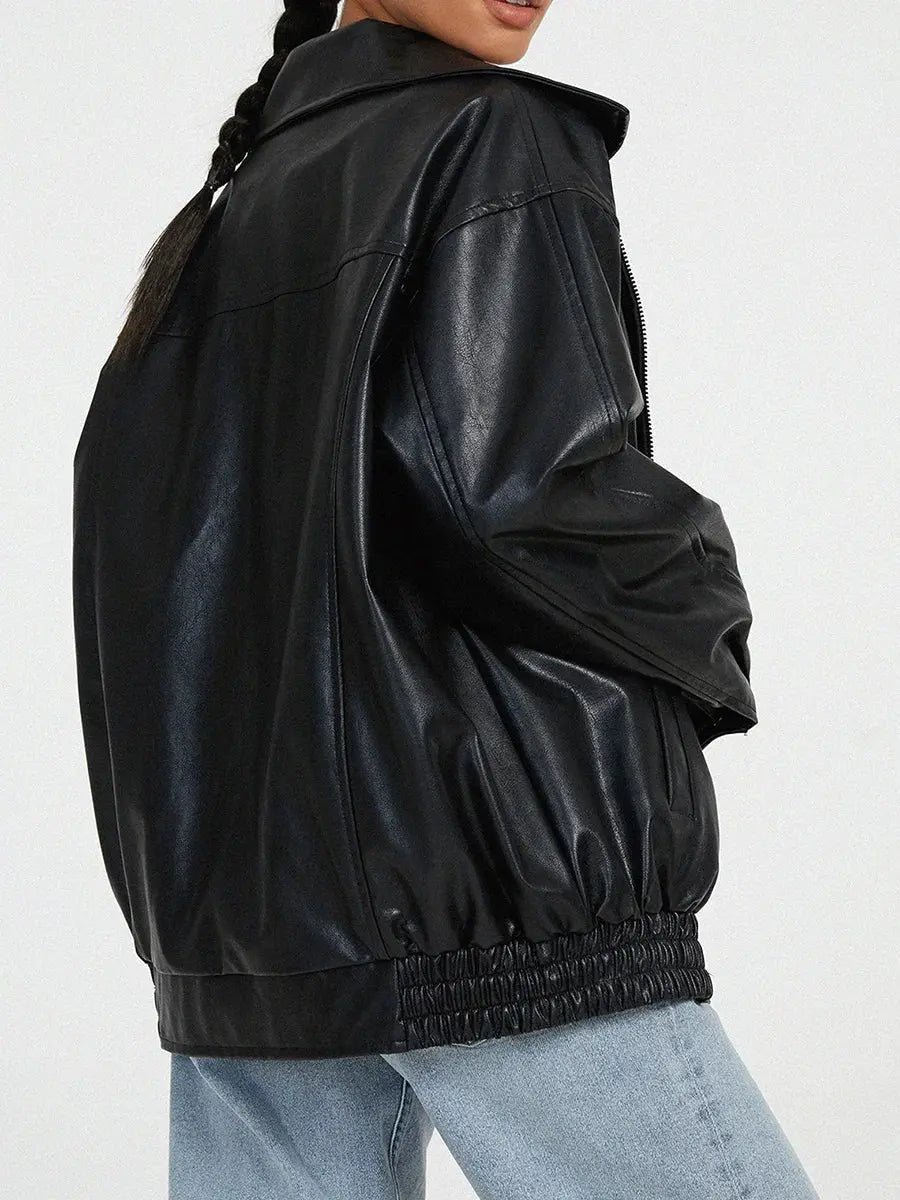 Women's Oversized Leather Bomber Jacket with Zipper Front