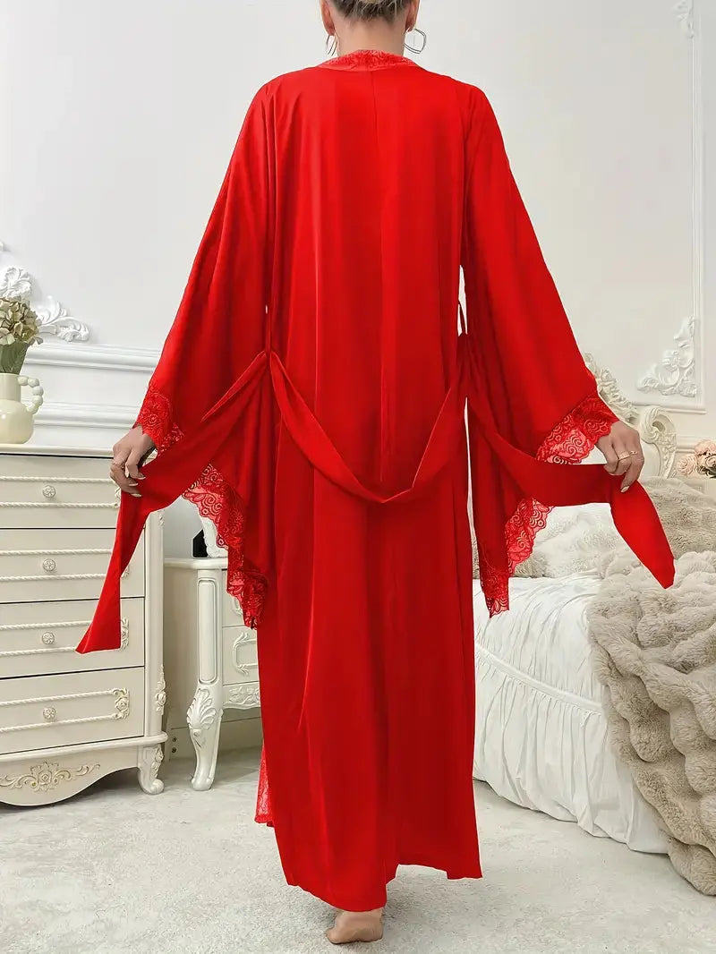 Women's Long Lace Kimono Dressing Gown with Belted Waist and Wide Sleeves