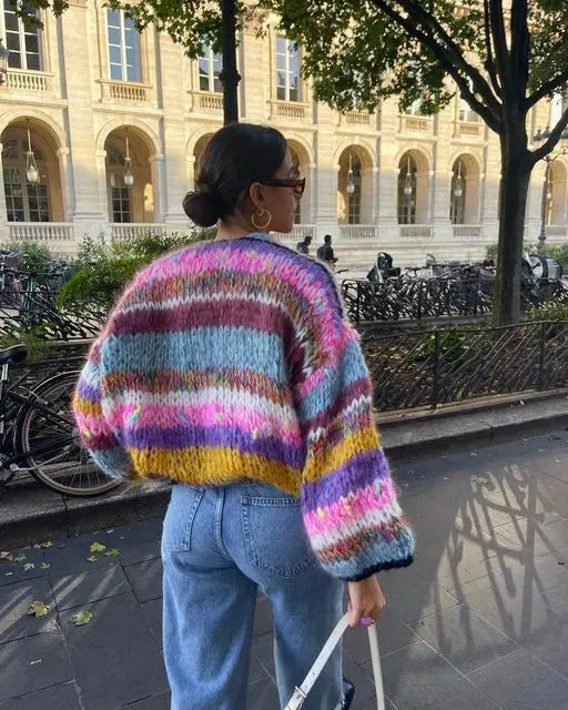 Women's Colorful Chunky Knit Cardigan with Open Front Design