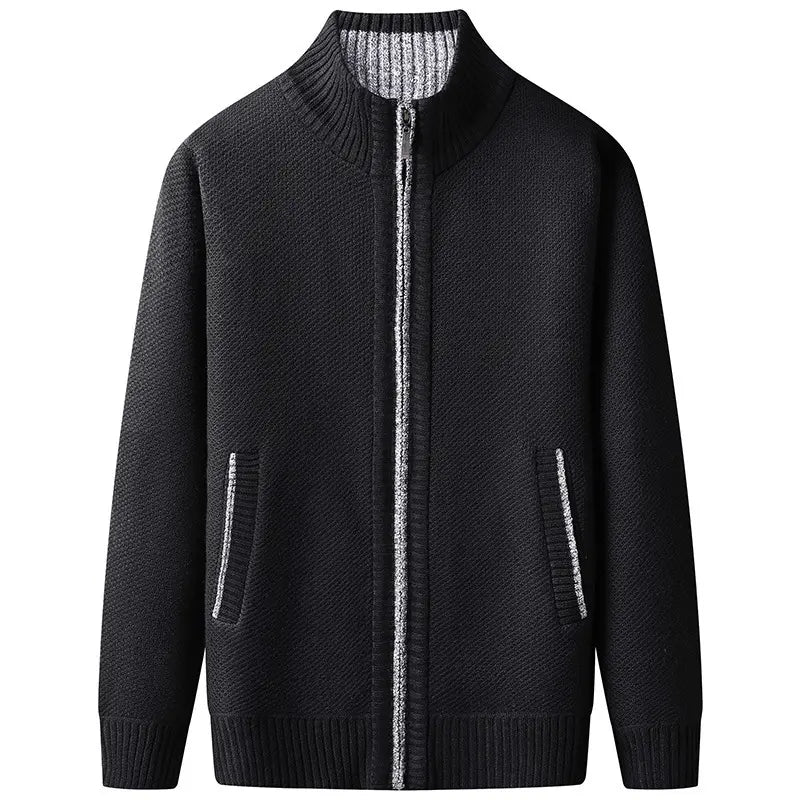 Men's Zip-Up Cardigan with Stand Collar and Ribbed Hem Detailing
