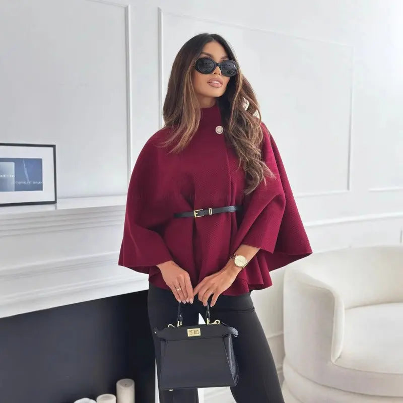 Women's Cape Coat with High Neck and Belted Waist