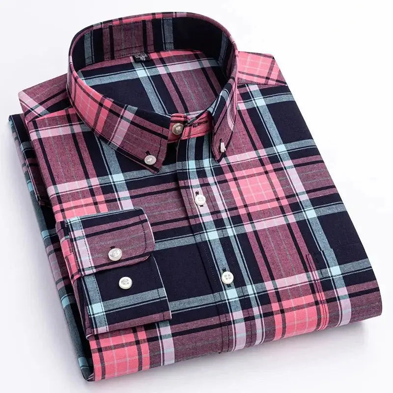 Men's Casual Long Sleeve Plaid Shirt with Button Down Front