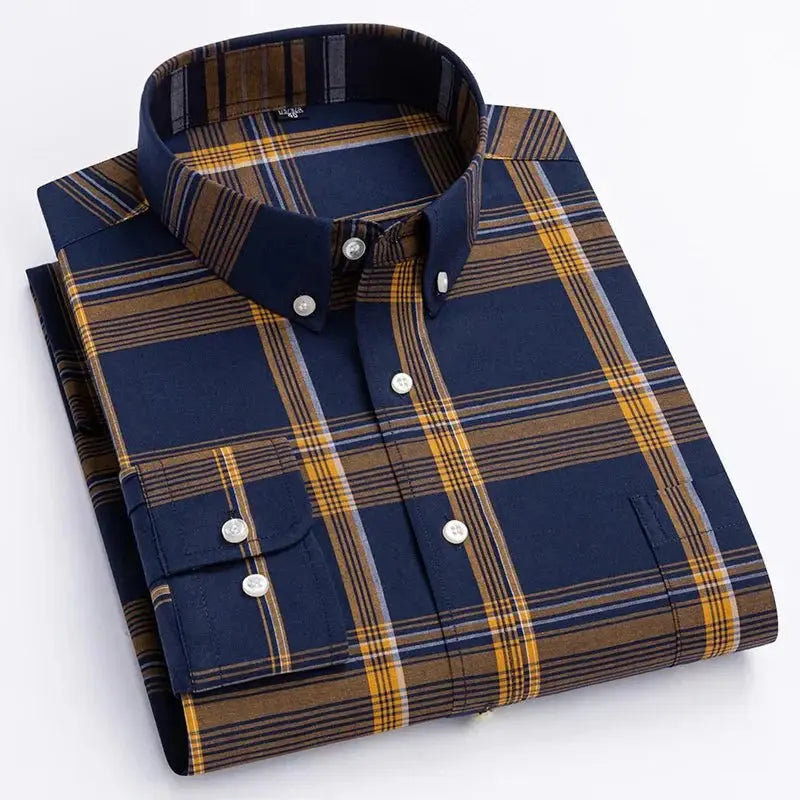 Men's Casual Long Sleeve Plaid Shirt with Button Down Front