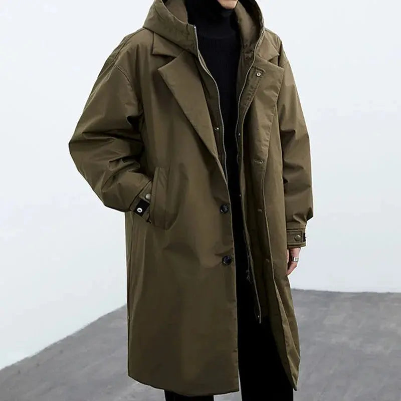 Men's Long Waterproof Puffer Trench Coat with Hood