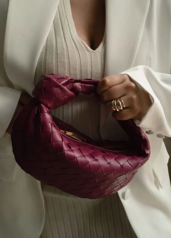 Women’s Woven Handbag With Knotted Handle And Curved Shape