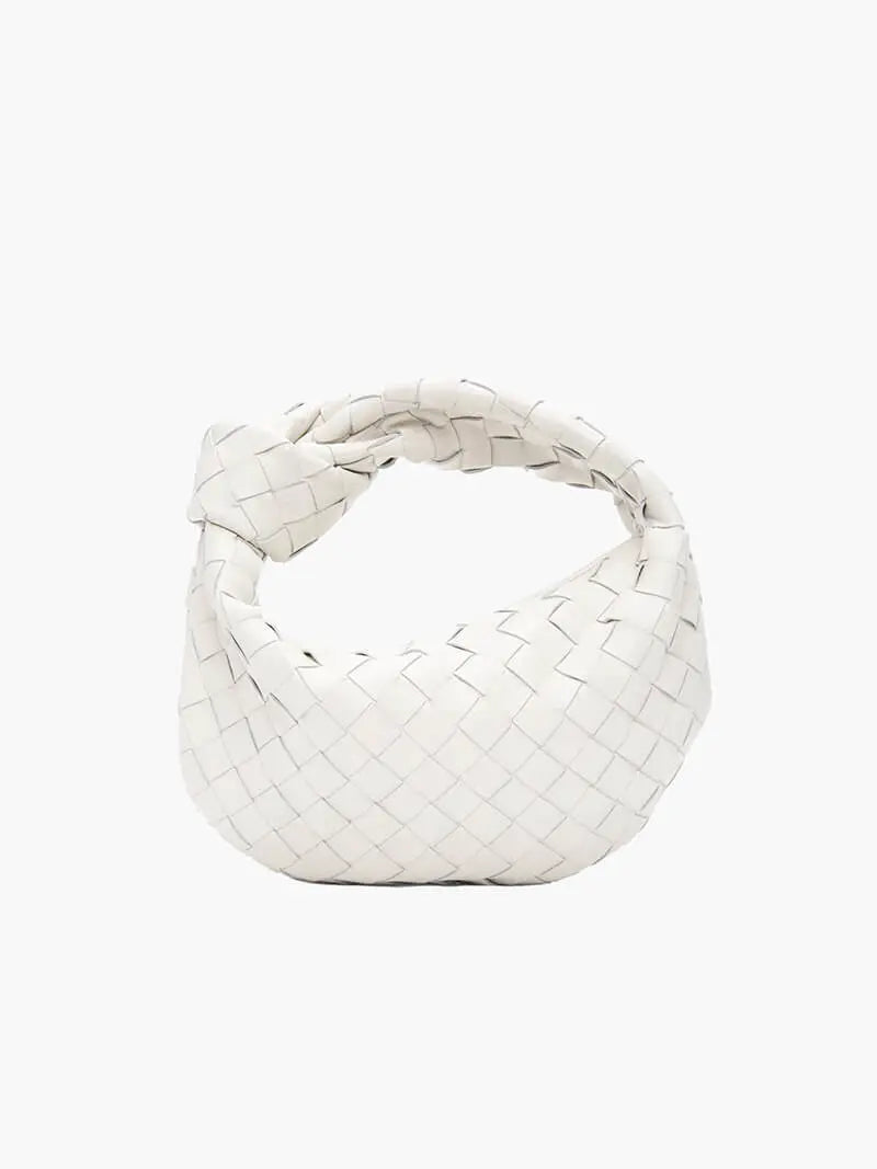 Women’s Woven Handbag With Knotted Handle And Curved Shape