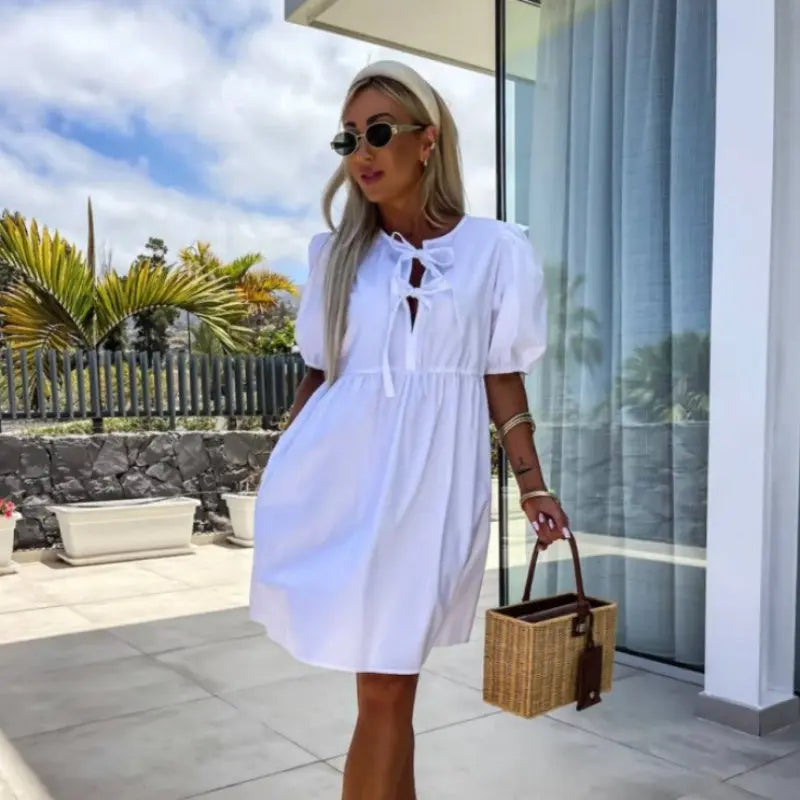 Women’s Mini Dress With Puff Sleeves And Front Bow Detail