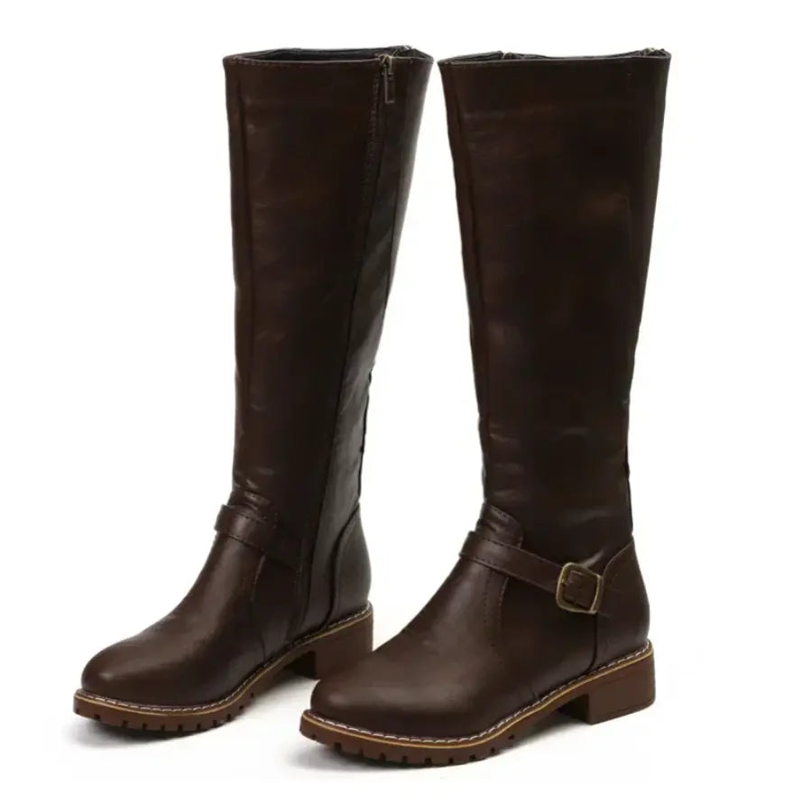 Women's Knee High Boots with Buckle Strap and Low Block Heel