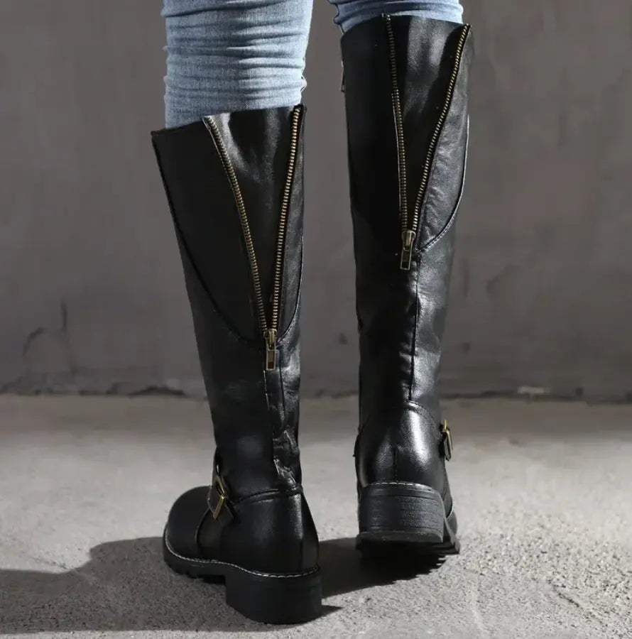 Women's Knee High Boots with Buckle Strap and Low Block Heel