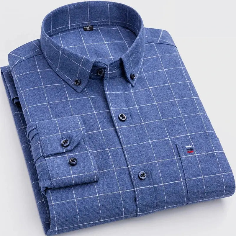Men's Long Sleeve Checkered Shirt with Button Down Collar