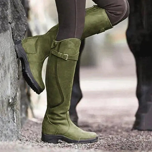 Women's Knee-High Waterproof Boots with Buckle Strap and Grip Sole