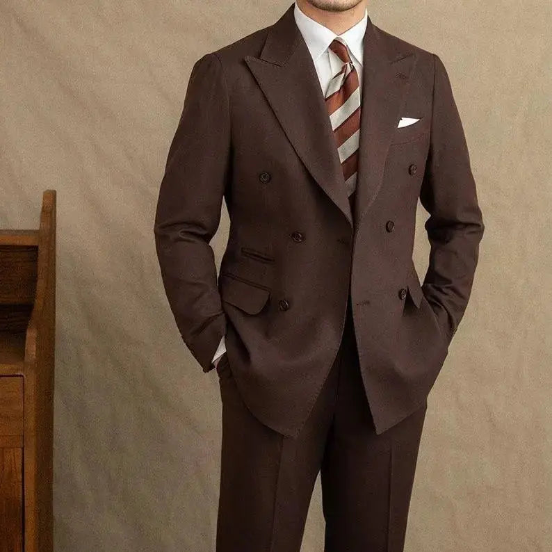 Men's Double Breasted Two Piece Suit Set with Peak Lapel Jacket and Trousers