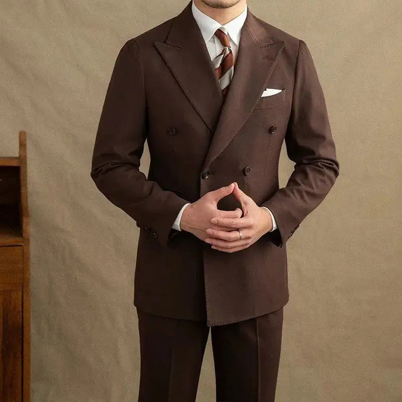 Men's Double Breasted Two Piece Suit Set with Peak Lapel Jacket and Trousers